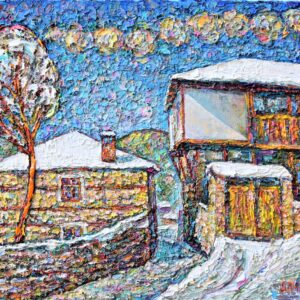Маслена зимна картина „Зима в Ковачевица“ със снежни каменни къщи